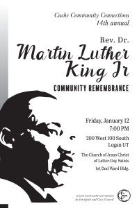 high contrast image of Martin Luther King's face with event details